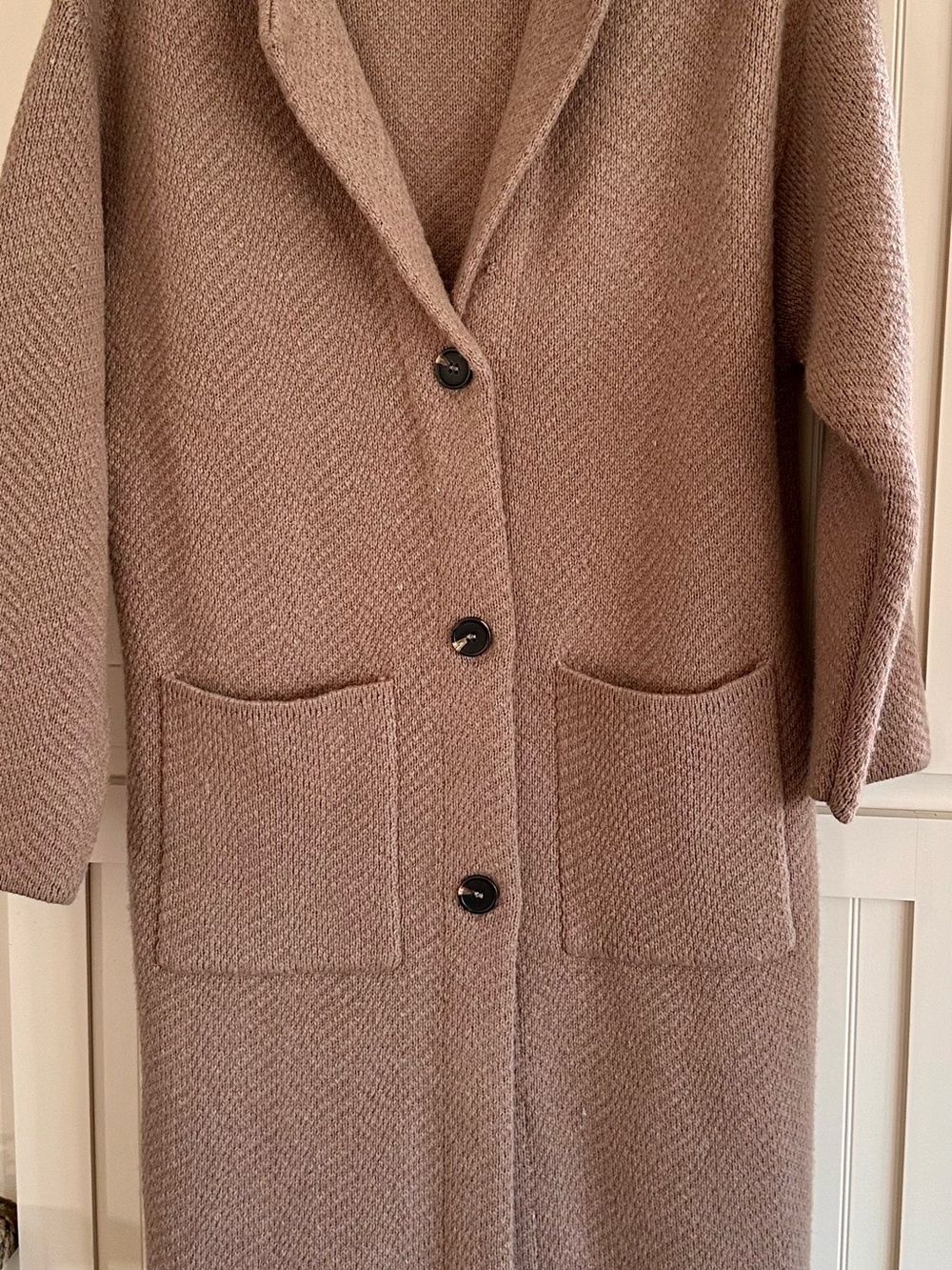 ZARA Taupe Knit Coatigan Long Cardigan Coat Shawl Collar Pockets Size S